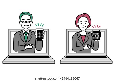 Senior man and woman in suits proposing a quote online