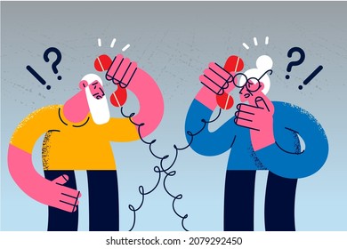 Senior man and woman talk on landline phone have bad provider connection. Elderly couple have telephone communication, experience network problems. Vector illustration, cartoon character. 