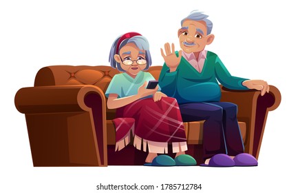 Senior man and woman talking by mobile phone sit on couch in nursing home. Old lady wrapped in plaid and aged grey haired pensioner relax on sofa use smartphone for chat, Cartoon vector illustration