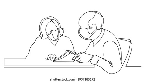 Senior Man And Woman Talking  Together Wearing Face Masks - One Line Drawing