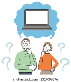 Senior man and woman are thinking about personal computers.