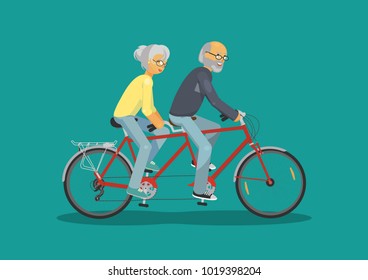 Senior man and senior woman together riding tandem bike on teal background. Concept happy senior couple. Vector illustration.