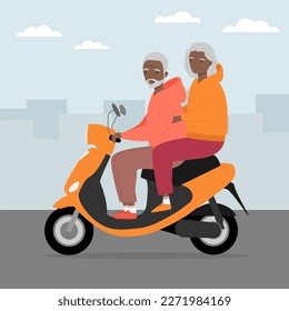 Senior man and woman traveling on modern motor scooter. Old man and woman riding electric scooter in the city. Vector illustration