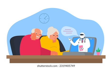 senior man and woman using laptop online robot doctor   medical consultation vector illustration