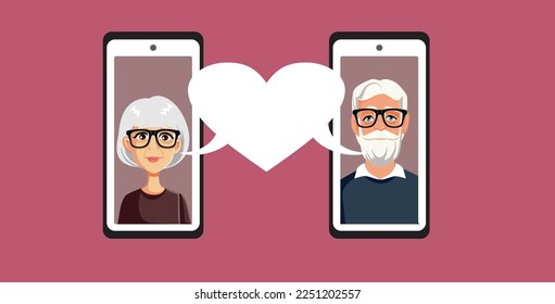 
Senior Man and Woman Using an Online Dating App Service. Elderly couple finding each other via social media 
