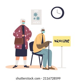 Senior man and woman wait for vaccination from coronavirus in medical clinic. Old male and female get vaccinated from covid-19 disease virus. Cartoon flat vector illustration