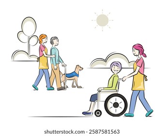 Senior man and woman walking in the park, caregiver, and service dog (retriever) | Care and nursing series