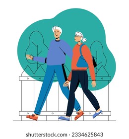 Senior man and woman walking together outside in park. Active couple spending time outside. Flat vector illustration in blue and orange color in cartoon style