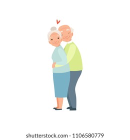 Senior man and woman warmly hugging, elderly romantic couple in love vector Illustration on a white background