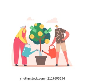 Senior Man and Woman Watering Potted Money Tree with Golden Coins and Banknotes. Pensioner Characters Grow Capital, Pension Insurance and Passive Income Concept. Cartoon People Vector Illustration