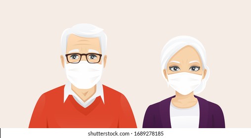 Senior man and woman wearing protective medical mask as protection against transmissible infectious diseases, flu and air pollution vector illustration