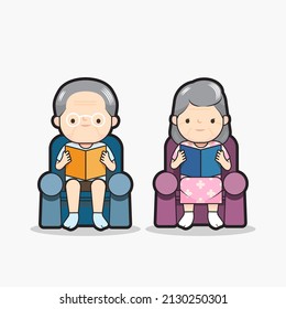 senior man and women sitting on the sofa and reading a book  design vector
