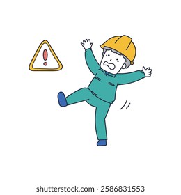 A senior man in work clothes who is about to lose his balance and fall