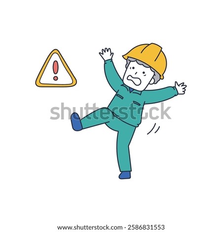 A senior man in work clothes who is about to lose his balance and fall