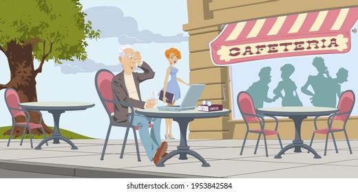 Senior man Work on Laptop. Elderly Male with Computer Sitting at Cafe Table. Retired People and Social Media Communication. Illustration concept for mobile website and internet development.