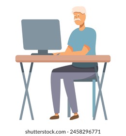 Senior man working at computer icon cartoon vector. Internet work. Male modern online
