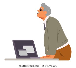 Senior man working at laptop in the office portrait flat vector illustration. 