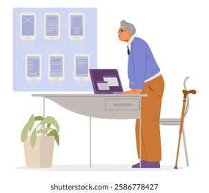 Senior man working at the office on app development flat vector illustration. Inclusive workplace concept.
