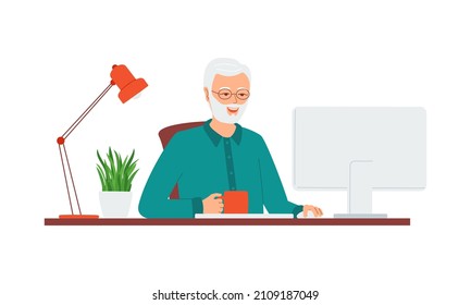 Senior man is working at a table with a computer. Concept for remote work and education, e-learning, retraining for active retiree. Isolated flat vector illustration