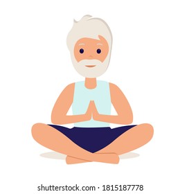 Senior man in yoga lotus practices meditation. Yoga practice. Vector illustration in flat style. Old man meditating