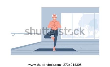 Senior man yoga tree pose studio fitness