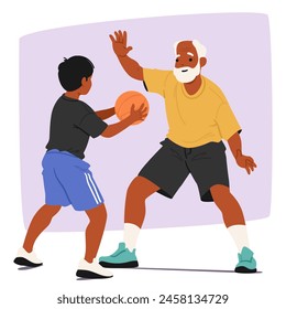 Senior Man And Young Boy In Playful Basketball Match, Concept of Intergenerational Connection And The Joy Of Sport At Any Age with Grandfather and Child Characters. Cartoon People Vector Illustration