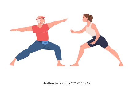 Senior Man and Young Woman Character Practicing Tai Chi and Qigong Exercise as Internal Chinese Martial Art Vector Set