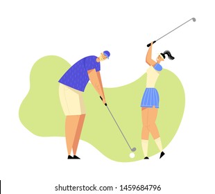 Senior Man and Young Woman in Uniform Playing Golf on Course with Green Grass, Hitting Ball to Hole, Sport Game, Tournament, Summer Spare Time, Luxury Recreation. Cartoon Flat Vector Illustration