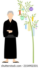 Senior Man in yukata, Looking at a Tanabata bamboo branch, image of Tanabata