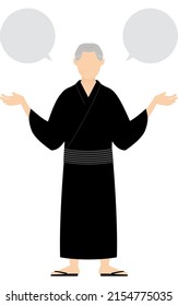 Senior Man in yukata, Talking with outstretched hands, with speech balloon