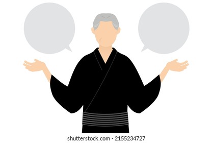 Senior Man in yukata, Talking with outstretched hands, with speech balloon