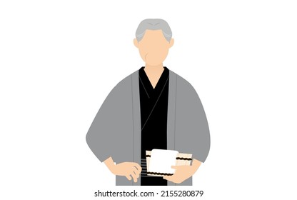 Senior Man in yukata, Wearing a haori and holding a bath tub, image of a hot spring