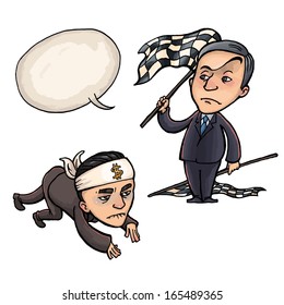 senior manager with the flag gives the start of the race junior manager. vector drawing of a series of comic characters.