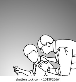 senior manager give his subordinate an advice vector illustration doodle sketch hand drawn with black lines isolated on gray background. Teamwork business concept. 