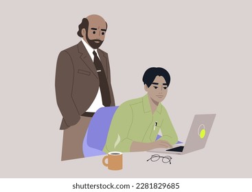 Un gerente superior que supervisa a un pasante en la oficina