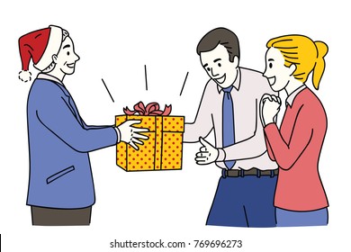 Senior manager wearing Santa Claus hat, giving gift box to his employee in Happy Christmas occasion, happy and surprise moment. Outline, linear, thin line art, hand drawn sketch design. 