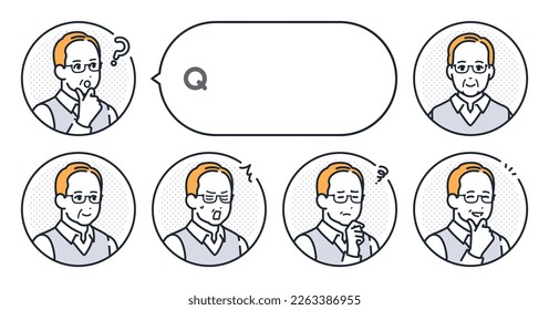 Senior man's simple face icon and speech bubble vector illustration set material