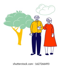 Senior Married Couple Holding Hands Stand Together on Nature Landscape Background. Elderly People Family Love, Sparetime. Old Man and Woman Loving Relations. Cartoon Flat Vector Illustration, Line Art