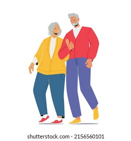 Senior Married Couple Holding Hands Walk Together Isolated on White Background. Elderly Family Love, Sparetime. Old Man and Woman Loving Relation, Relaxed Promenade. Cartoon People Vector Illustration