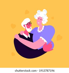 Senior Married Couple Hugging, Elderly People Active Lifestyle,Old Man and Woman in Loving , Friendly Relations Spend Time Together,Extreme Leisure.St Valentine's Day. Cartoon Flat Vector Illustration