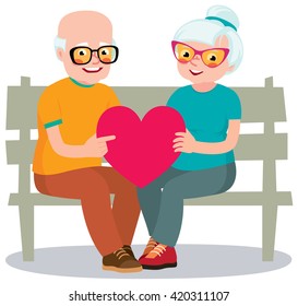 Senior married couple sits on a bench holding a heart symbol Stock vector illustration