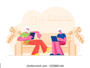 Senior Married Couple Sitting on Couch Using Digital Devices. Aged Man Reading Message on Tablet Pc, Old Lady Watching Movie on Laptop. Smart Technologies for Retired. Cartoon Flat Vector Illustration