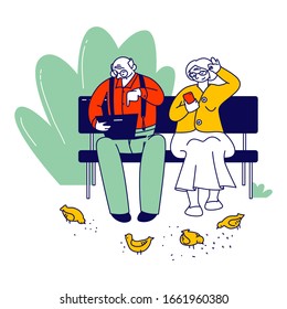 Senior Married Couple Sitting on Bench in Park Using Digital Devices. Aged Man Reading Message on Laptop, Old Lady with Mobile. Smart Technology for Retired. Cartoon Flat Vector Illustration, Line Art