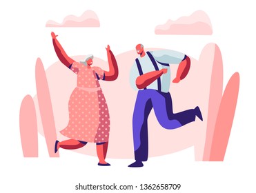 Senior Married Couple Sparetime with Dancing, Elderly People Active Lifestyle, Old Man and Woman in Loving or Friendly Relations Spend Time Together, Extreme Leisure. Cartoon Flat Vector Illustration