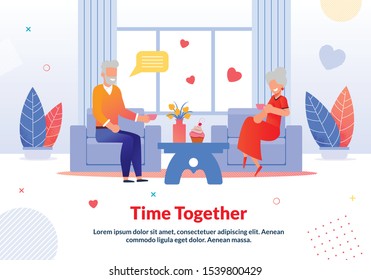 Senior Married Man and Woman Couple Rest at Home. Grandparents Talking, Drinking Coffee or Tea, Sitting in Armchairs. Living Room Interior. Flat Poster. Time Together. Vector Cartoon Illustration