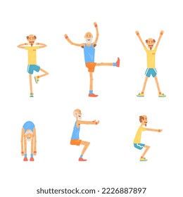 Senior and Mature Man Doing Physical Exercises Stretching Body and Strengthen Muscles Vector Set