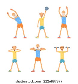 Senior and Mature Man Doing Physical Exercises Stretching Body and Strengthen Muscles Vector Set