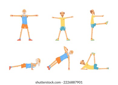 Senior and Mature Man Doing Physical Exercises Stretching Body and Strengthen Muscles Vector Set