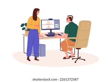 Senior mature person at computer, adult daughter helping, supporting elder father, explaining use of internet, online communication technology. Flat vector illustration isolated on white background