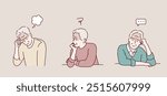 senior mature, unhappy elderly man very sad in deep thought thinking of something that worries him. Hand drawn style vector design illustrations.